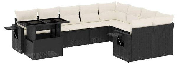 10 részes fekete polyrattan kerti ülőgarnitúra párnákkal