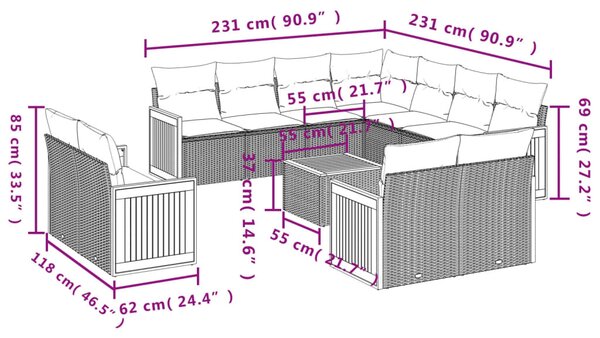 12 részes bézs polyrattan kerti ülőgarnitúra párnákkal