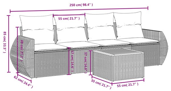 5 részes fekete polyrattan kerti kanapészett párnákkal