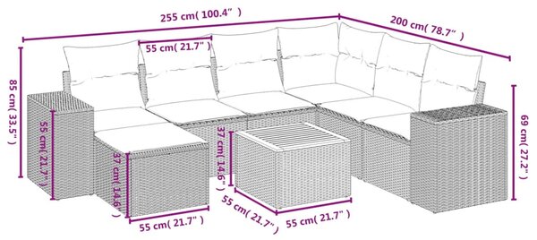 8 részes fekete polyrattan kerti ülőgarnitúra párnákkal