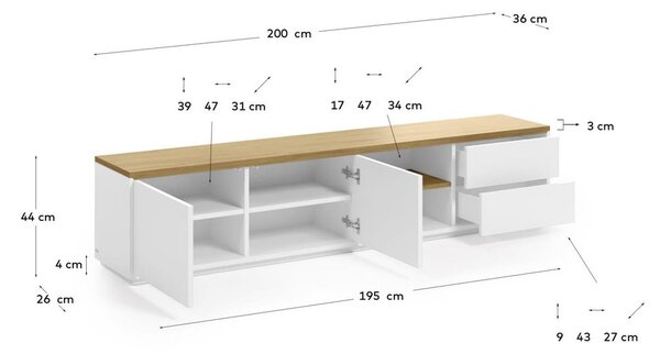 Fehér TV-állvány 200x44 cm Abilen – Kave Home
