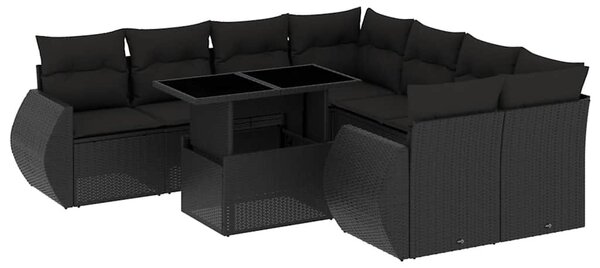 9 részes fekete polyrattan kerti ülőgarnitúra párnákkal