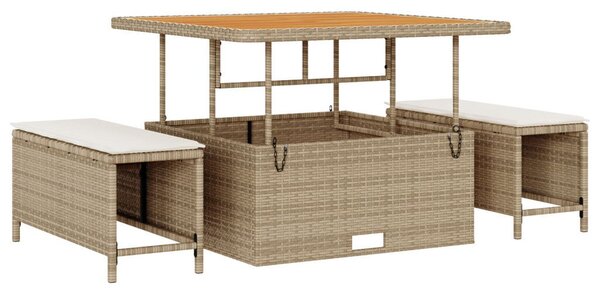 11 részes kerti kanapé szett párnákkal, bézs poly rattan akáccal, 3 részes kerti étkező szett párnákkal, bézs poly rattan akáccal