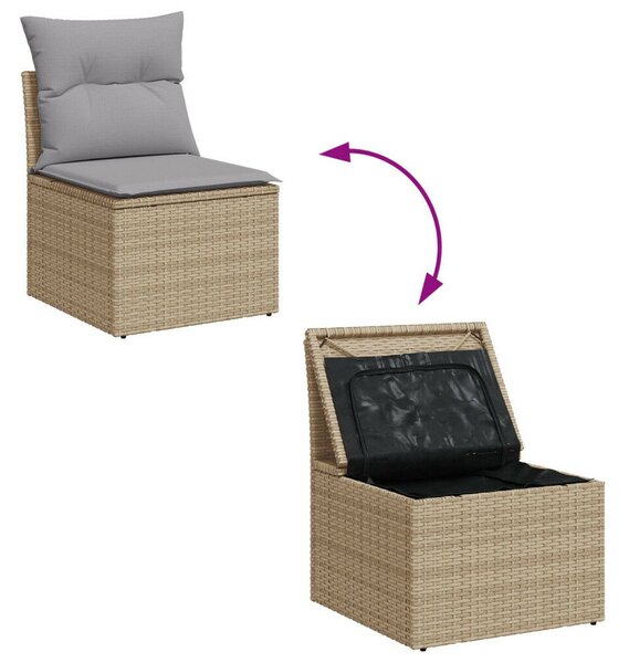 8 Darabos Kert Kanapé Szett Párnákkal Bézs Poly Rattan Akácia, 3 Darabos Kert Étkező Szett Párnákkal Bézs Poly Rattan Akácia