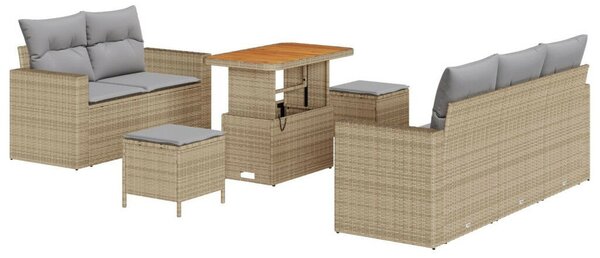 8 Darabos Kert Kanapé Szett Párnákkal Bézs Poly Rattan Akácia, 3 Darabos Kert Étkező Szett Párnákkal Bézs Poly Rattan Akácia