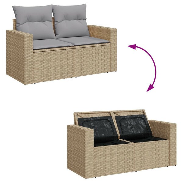 8 Darabos Kert Kanapé Szett Párnákkal Bézs Poly Rattan Akácia, 3 Darabos Kert Étkező Szett Párnákkal Bézs Poly Rattan Akácia