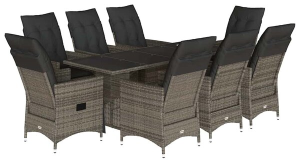 9 részes szürke polyrattan kerti étkezőgarnitúra párnával