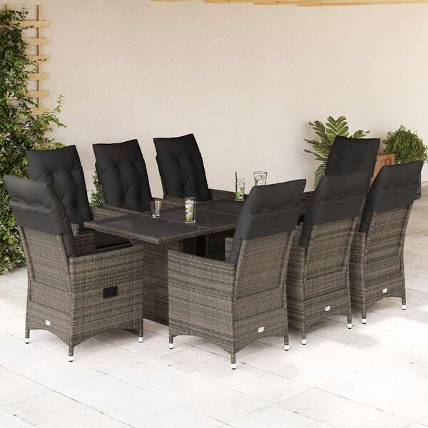 9 részes szürke polyrattan kerti étkezőgarnitúra párnával