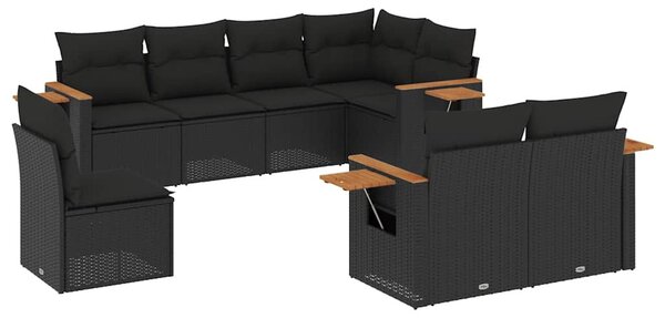 8 részes fekete polyrattan kerti ülőgarnitúra párnákkal