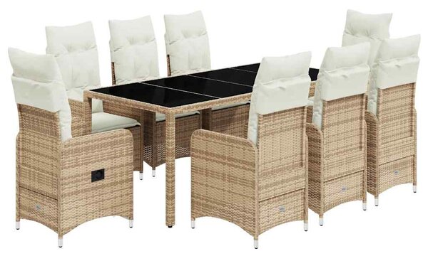 9 részes bézs polyrattan kerti bisztrógarnitúra párnákkal