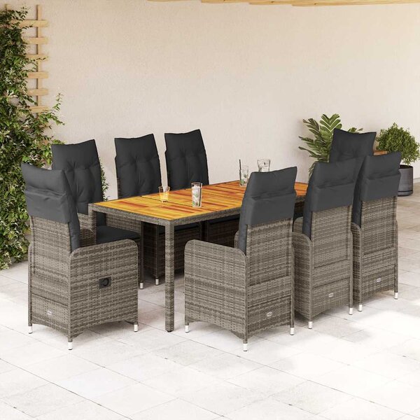 9 részes szürke polyrattan kerti bisztrógarnitúra párnákkal