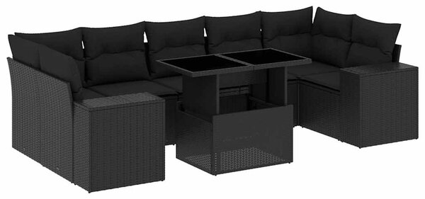 8 részes fekete polyrattan kerti ülőgarnitúra párnákkal