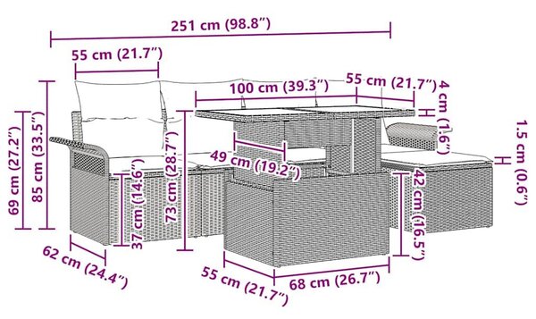 VidaXL Kerti Kanapé Szett párnával tárolóval 6 pcs Bézs Poli rattan