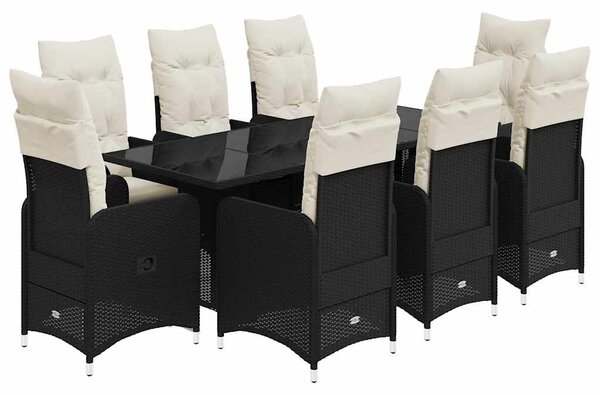 9 részes fekete polyrattan kerti bisztrógarnitúra párnákkal
