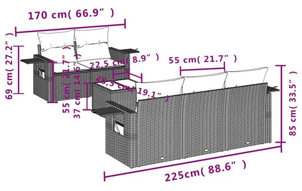 6 részes fekete polyrattan kerti ülőgarnitúra párnákkal