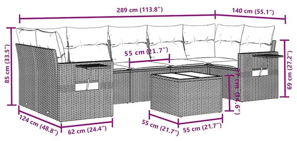 8 részes fekete polyrattan kerti ülőgarnitúra párnákkal