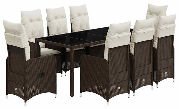 9 részes barna polyrattan kerti bisztrógarnitúra párnákkal