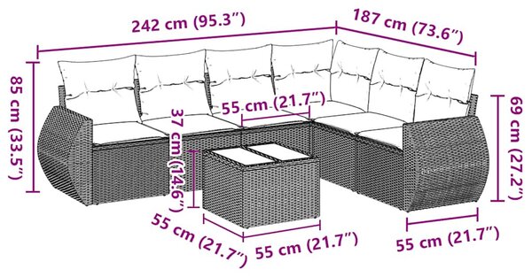 7 részes fekete polyrattan kerti ülőgarnitúra párnával