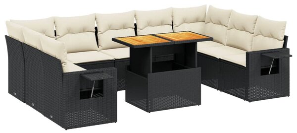 10 részes fekete polyrattan kerti ülőgarnitúra párnákkal