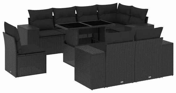 9 részes fekete polyrattan kerti ülőgarnitúra párnákkal