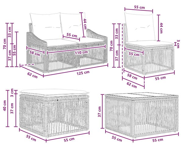 VidaXL Kerti Kanapé Szett 7 pcs Fekete polirattan