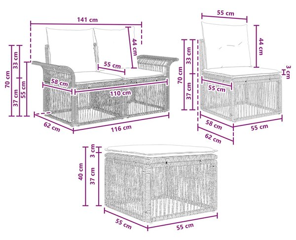 VidaXL Kerti Kanapé Szett 6 pcs Fekete polirattan