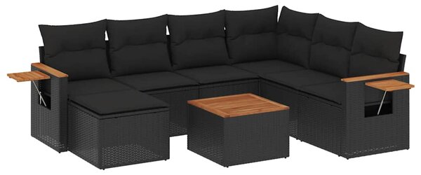 8 részes fekete polyrattan kerti ülőgarnitúra párnákkal