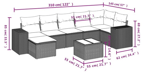 8 részes fekete polyrattan kerti ülőgarnitúra párnákkal