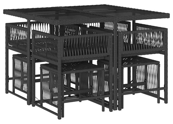 9 részes fekete polyrattan kerti étkezőgarnitúra párnákkal