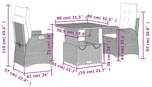 VidaXL Polyrattan Kerti Étkezőgarnitúra - 3 részes - Szürke