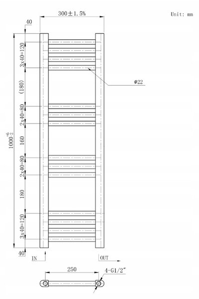 Gamma Erga Basic, fűtőelem 1000x300 mm, 271 W, fehér, ERG-LAV-BASIC-10030-WH