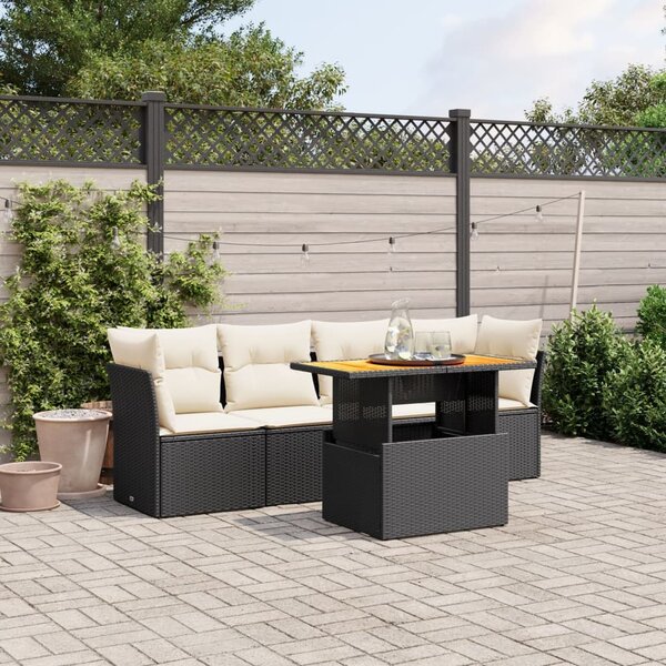 5 részes fekete polyrattan kerti kanapészett párnákkal