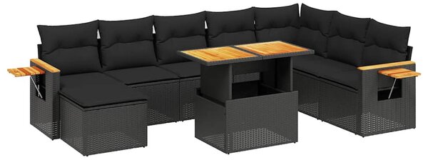 9 részes fekete polyrattan kerti ülőgarnitúra párnákkal