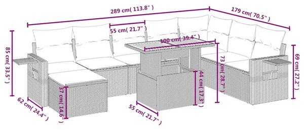 9 részes fekete polyrattan kerti ülőgarnitúra párnákkal