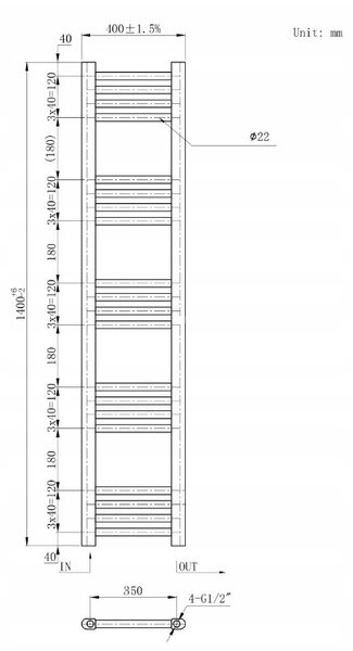 Gamma Erga Basic, fűtőelem 1400x400 mm, 464 W, fekete, ERG-LAV-BASIC-14040-BK