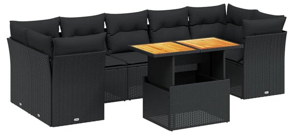8 részes fekete polyrattan kerti ülőgarnitúra párnákkal