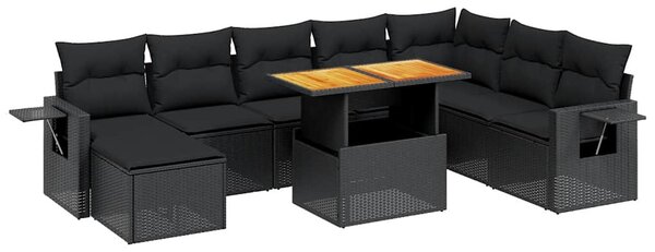 9 részes fekete polyrattan kerti ülőgarnitúra párnákkal