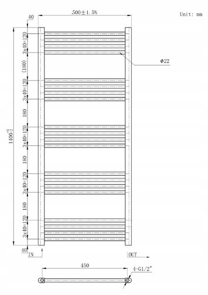 Gamma Erga Basic, fűtőelem 1400x500 mm, 546 W, fekete, ERG-LAV-BASIC-14050-BK