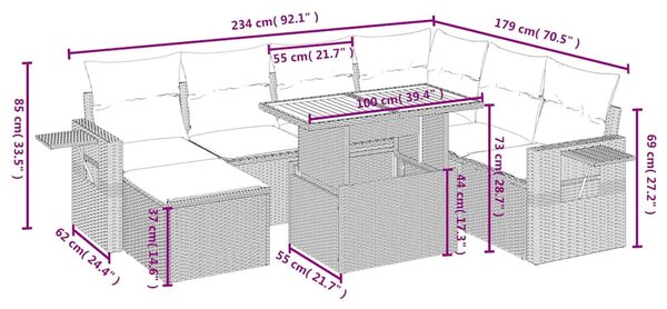 8 részes fekete polyrattan kerti ülőgarnitúra párnákkal