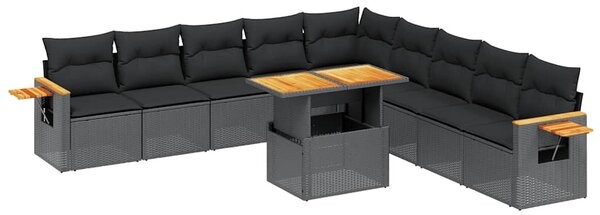 11 részes fekete polyrattan kerti ülőgarnitúra párnákkal