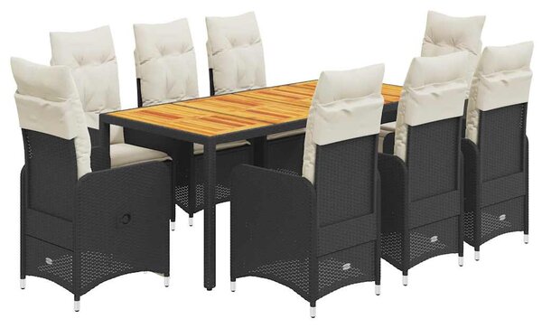 9 részes fekete polyrattan kerti bisztrógarnitúra párnákkal
