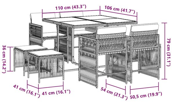 9 részes barna polyrattan kerti étkezőgarnitúra párnákkal