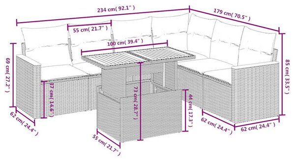 7 részes szürke polyrattan kerti ülőgarnitúra párnákkal