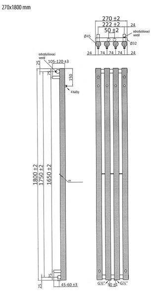 Sapho Sapho, PILON fűtőelem 270x1800mm, 4 kampóval, fekete matt, IZ122T