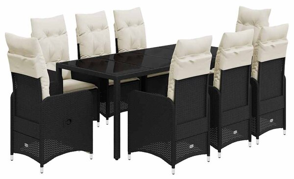 9 részes fekete polyrattan kerti bisztrógarnitúra párnákkal