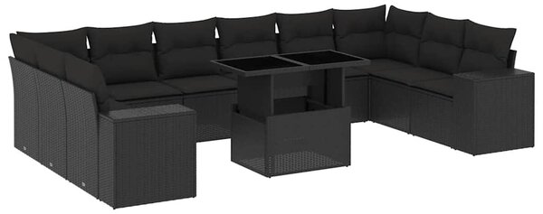 11 részes fekete polyrattan kerti ülőgarnitúra párnákkal