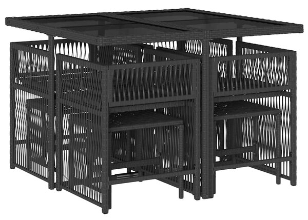 9 részes fekete polyrattan kerti étkezőgarnitúra párnákkal