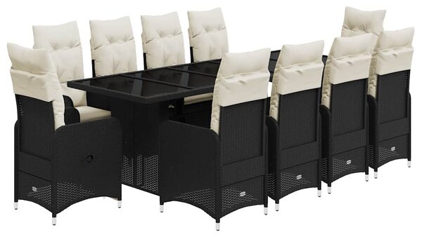 11 részes fekete polyrattan kerti bisztrógarnitúra párnákkal