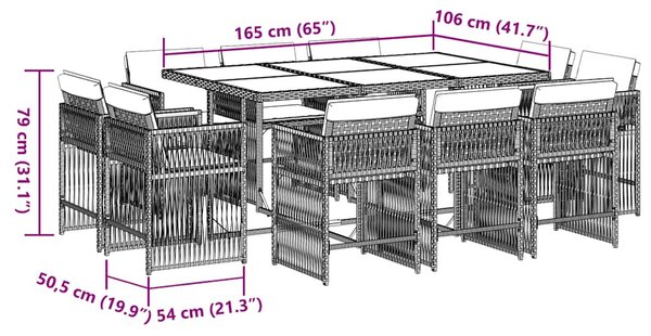 11 részes fekete polyrattan kerti étkezőgarnitúra párnákkal