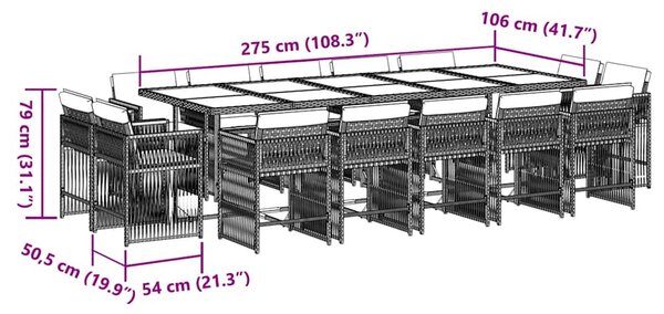 15 részes fekete polyrattan kerti étkezőgarnitúra párnákkal